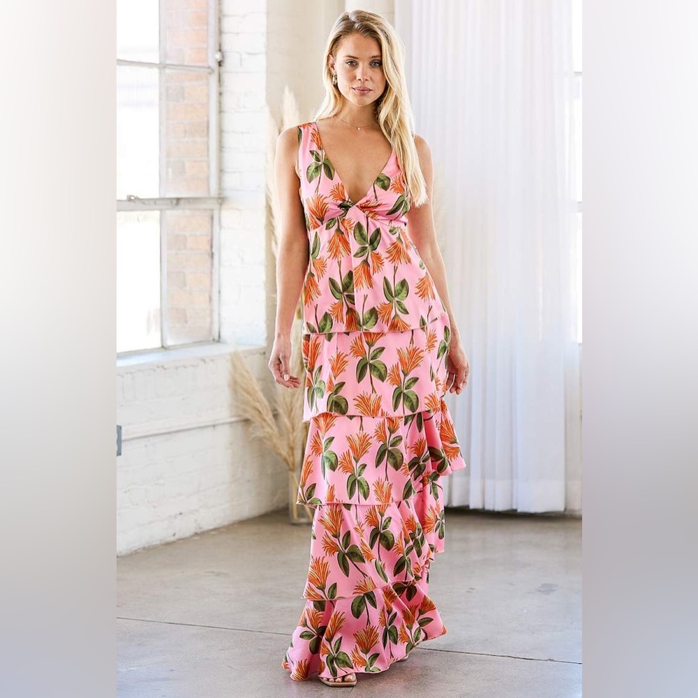 LULUS Party In Palm Springs Pink Floral‎ Tiered Maxi Dress Satin Size medium